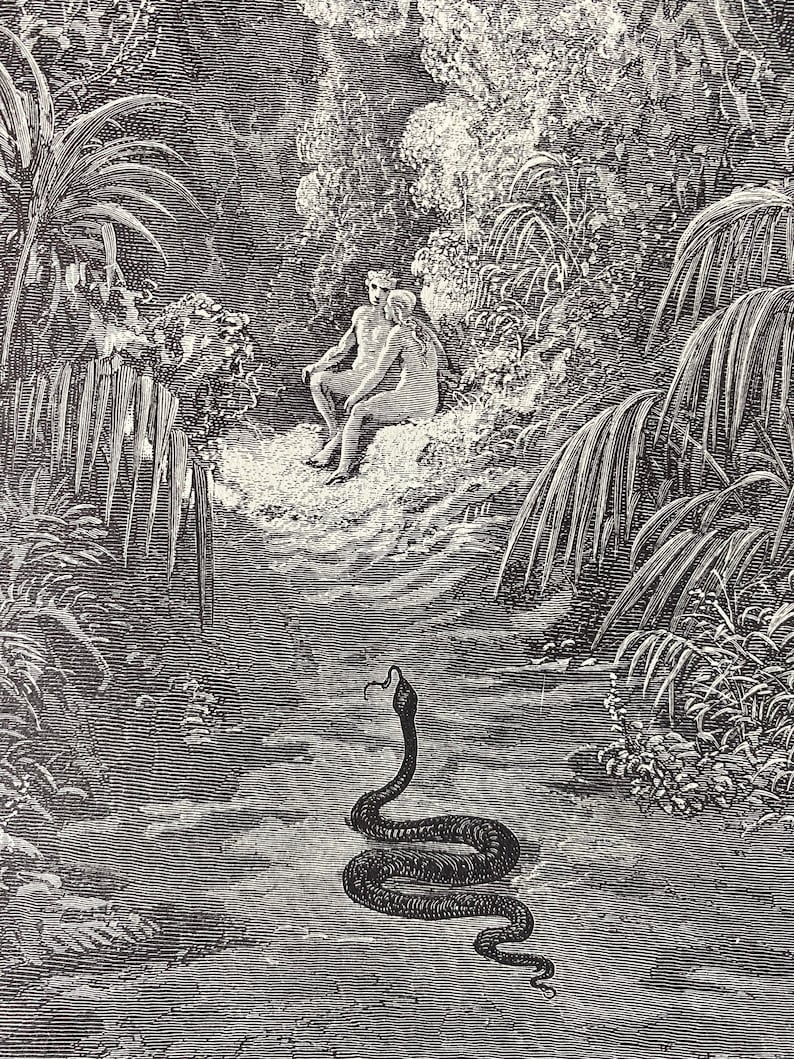 etching book plate The first approach of the serpent by Gustave Dore