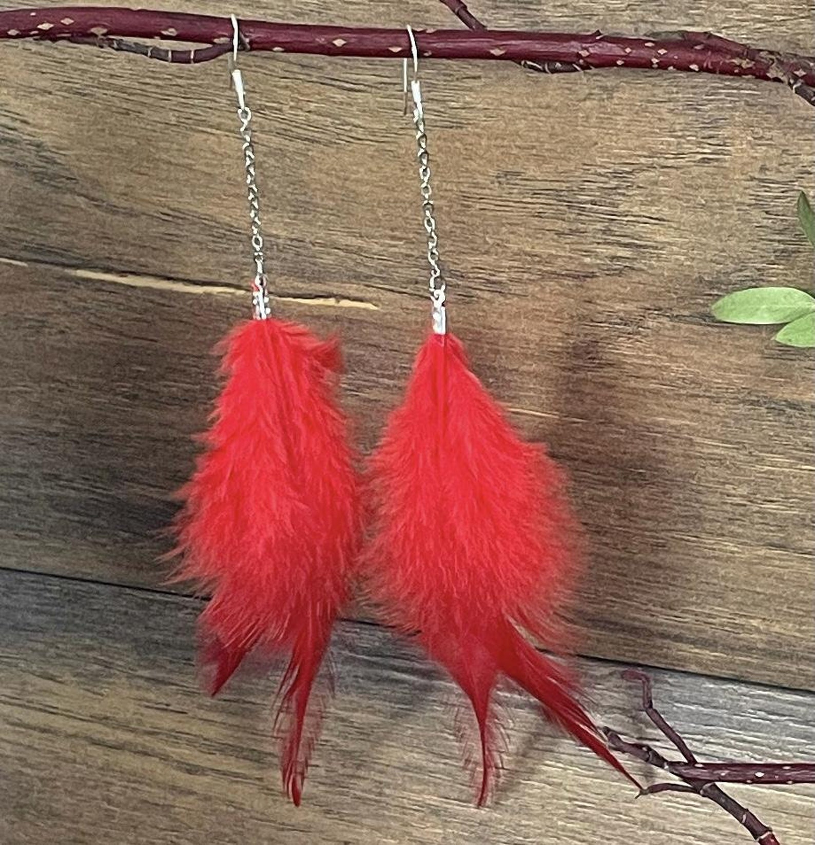 Genuine Red Feather Dangle Earrings Etsy