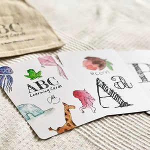 ABC tarjetas de aprendizaje - tarjetas flash, tarjetas del alfabeto, regalo educativo, decoración de la guardería, acuarela, tinta