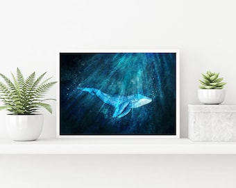 May include: A watercolor painting of a blue whale swimming through a dark blue ocean with light blue rays of light shining down from above.