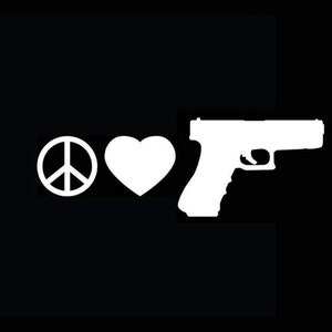 May include: A black and white graphic design featuring a peace sign, a heart, and a handgun.
