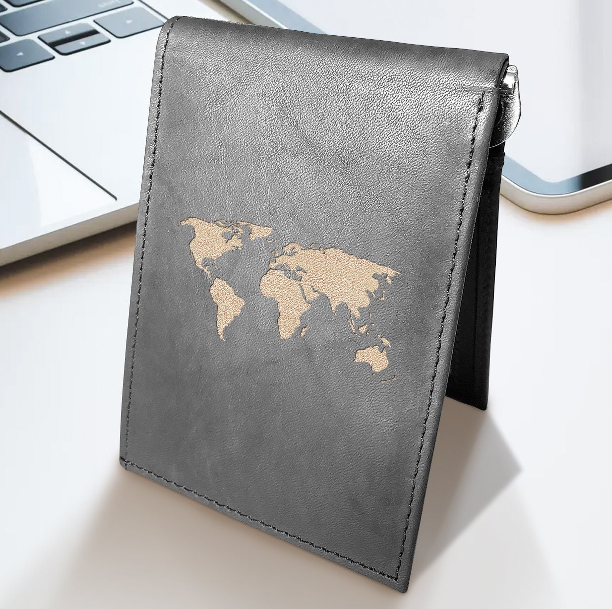 World Map Cowhide Leather Laser Engraved Minimalist Slim Money 