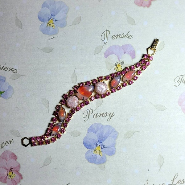 Vintage La-Rel Confetti Moonstone Style Rhinestone Bracelet Pinks Whites Opals and Vintage Floral Bridge Card Set New in Box