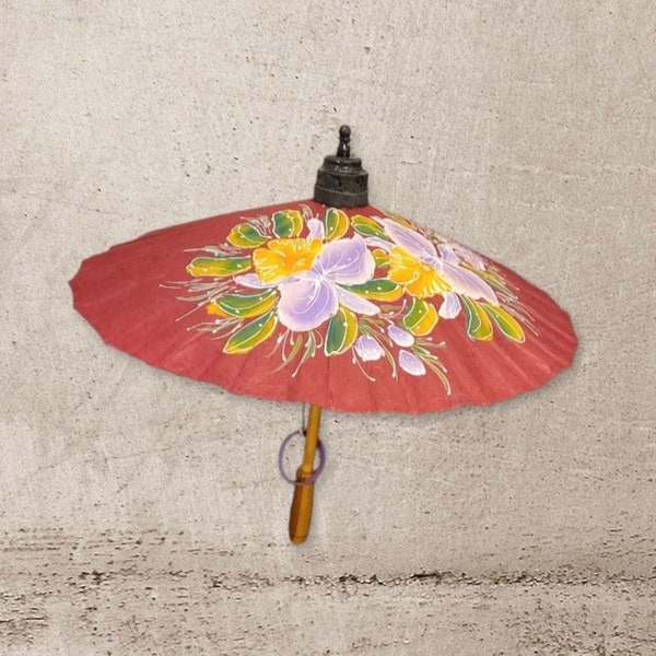 Vintage Parasol Burgundy with Purple Orchids Heavy Paper Hand Painted Orchids Bamboo Wood Handle 18" Diameter Open