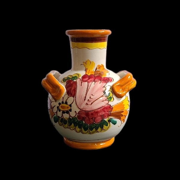 Vintage Italian Tuscan Majolica Pottery 8" Handled Vase San Miniato al Monte Florence (Firenze) Labelled