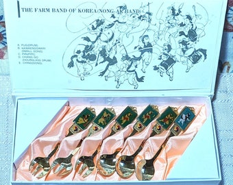 Vintage Korean Farm Band Souvenir Set (Nong-Ak-Band) City of Seoul Enameled Gold Tone Spoons and Forks