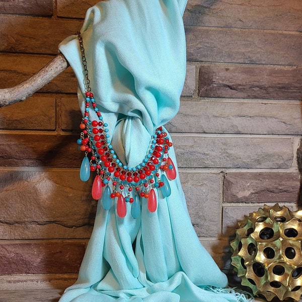 Baby Blue Viscose Large Fringed Scarf with Turquoise Orange Red Boho Teardrop Layered Statement Necklace by Cara