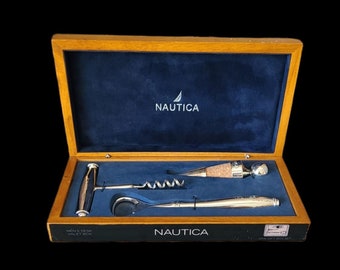 Nautica 3 Piece Wine Gift Box Set Wooden Lidded Box Desk Valet