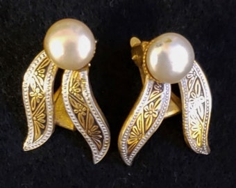 Damascene clip on faux pearl earrings marked Spain