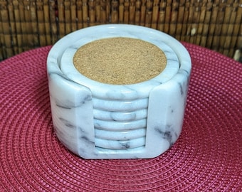 Vintage Italian Marble 6 Coaster Set with Holder White Gray with Cork Top Felt Bottom by Arte & Marmo Vogue Rome Italy