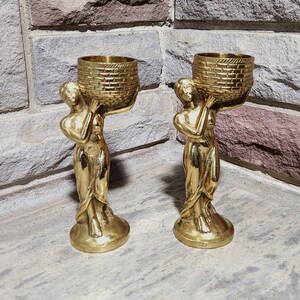 Vintage Pair of Solid Brass Candle Holders Ladies Carrying a Basket Made in India 5.75"