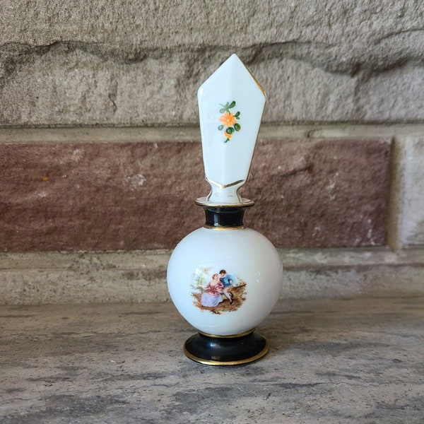 Vintage Courting Couple Footed Perfume Bottle With Stopper Marked Germany Cobalt Blue, Floral and Gold Trim Accents
