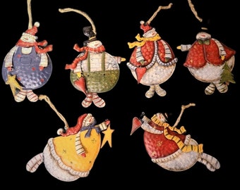 Rare Vintage Set of 6 Tin Christmas Ornament Snowman