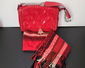 Vintage Complimentary Set Liz Claiborne Red Patent Leather Purse Satchel Matched Scarf and Tree Décor or Pendant