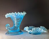 Opalescent Blue Cornucopia Horn of Plenty Vase and Trinket Candy Dish Pre Logo Fenton