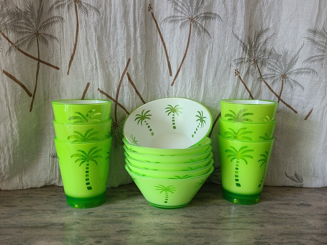 Vintage Melamine Double Layer Palm Tree Cups and Bowls Lime Etsy