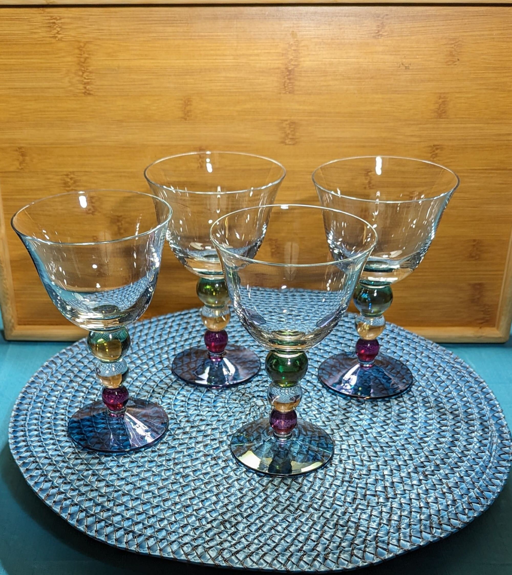 Vintage Boho Tri Colored Bubble Stem Wine Glasses Set of 4 Krosno Poland  Barware 