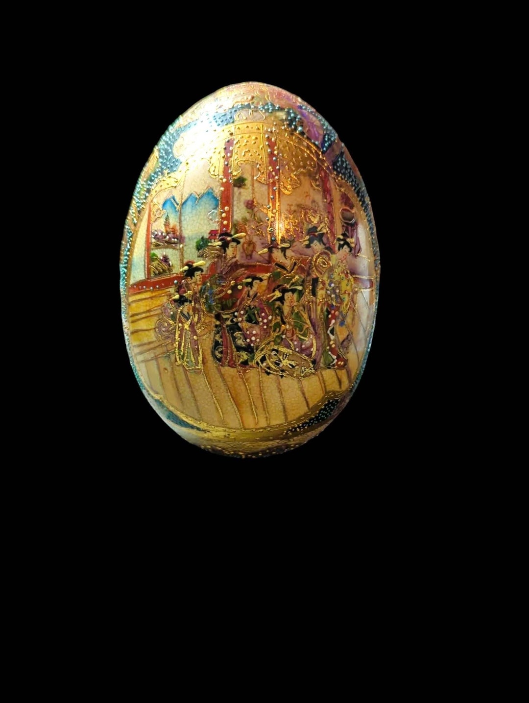 Vintage Porcelain Satsuma Moriage Egg Circa 50's Gold Gilded Geisha