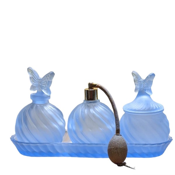 Vintage Butterfly Perfume Bottle Decanters Atomizer Frosted Blue Swirl Glass with Tray Vanity Decor Retro 7 Piece Set