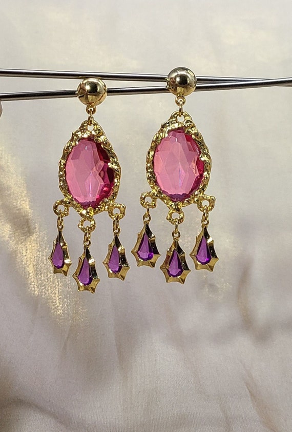 Vintage Chunky Pink and Purple Rhinestone Pierced… - image 1