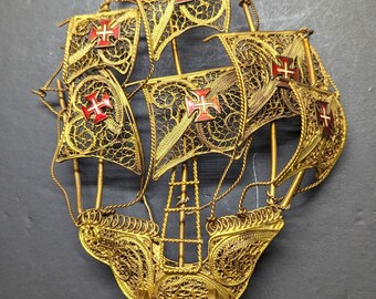 Vintage Portuguese Sailing Ship Galleon Brass Filigree CU