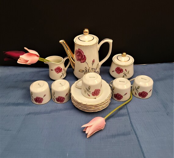 Lefton Coffee Set. Coffee Pot, Sugar, Creamer, Salt, and Pepper Shakers.  Hand Painted Porcelain. Rose Motif. Fine Dining.