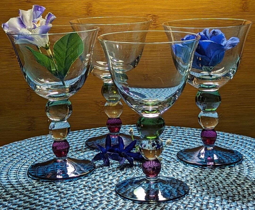 Vintage Boho Tri Colored Bubble Stem Wine Glasses Set of 4 Etsy