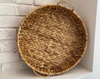 Rattan wicker tray. Woven tray with handle. Tray for decor. Round natural tray.