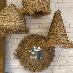 Handwoven natural seagrass lampshade with fringes. Moroccan lampshade