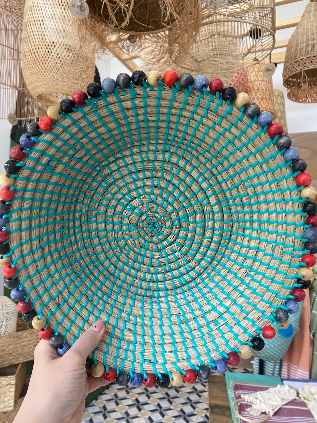 Seagrass Storage Basket With Wooden Beads. Teal Basket. Craft Etsy