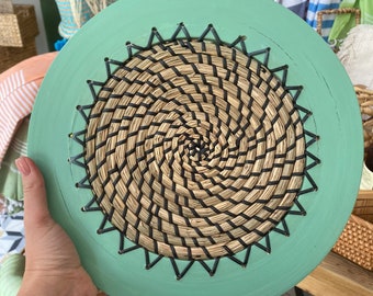 Wicker round seagrass tray. Teal coffee tray. Bamboo tray