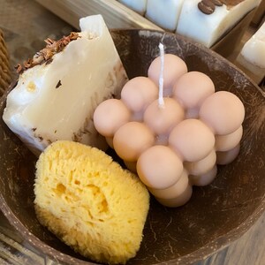 Mother care basket. Mom gift set with natural coconut storage. Fragrant soap. Pastel candle