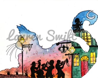 Lauren Swift 5"x7" Open Edition Watercolor Print "Jazzy Kat"