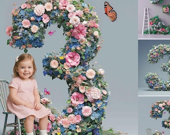 Floral Number Three Birthday Backdrop, Girl 3rd Birthday (Digital Backdrops)