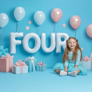 4th Birthday Backdrop, Four Birthday Overlay Photography for Baby Girl Boy Sitting on the FOUR Balloon Letters with Balloons & Gift Boxes