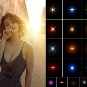 May include: A woman with short, reddish-brown hair is standing in front of a bright, golden sunset. She is wearing a dark gray sleeveless dress with a low neckline. The woman is looking at the camera and has her hand on her chin.