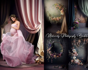 Dark Hanging Floral Halo Ring and Wall Decorated with Silk Curtains