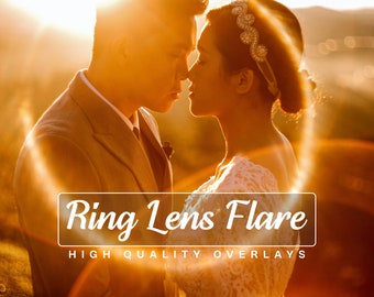 May include: A couple is kissing in front of a sunset with a ring lens flare effect. The text "Ring Lens Flare" and "High Quality Overlays" is visible in the image.