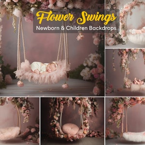 May include: A set of four floral backdrops featuring a swing with a fluffy cushion. The backdrops are perfect for newborn and children photography. The backdrops are decorated with pink and white flowers.