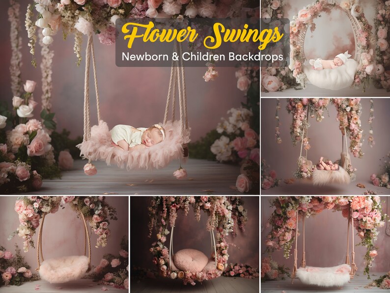 May include: A set of four floral backdrops featuring a swing with a fluffy cushion. The backdrops are perfect for newborn and children photography. The backdrops are decorated with pink and white flowers.