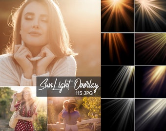 May include: A collection of 115 digital sunlight overlay images for use in photo editing. The images feature various styles of sunbeams and light rays in different colors and intensities.