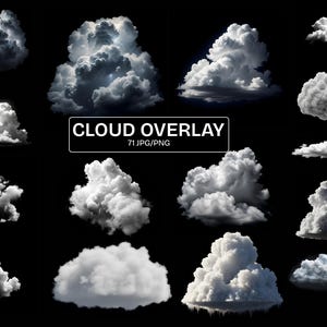 Puede incluir: Una colección de superposiciones de nubes en varias formas y tamaños, representadas en tonos blancos y grises sobre un fondo negro. El texto "CLOUD OVERLAY" se muestra en un rectángulo blanco, con "71 JPG/PNG" debajo.