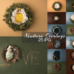 May include: A set of 25 digital newborn photo overlays featuring various floral arrangements, wreaths, and the word "LOVE" in a rustic style. The overlays are perfect for adding a touch of whimsy and elegance to newborn photos.