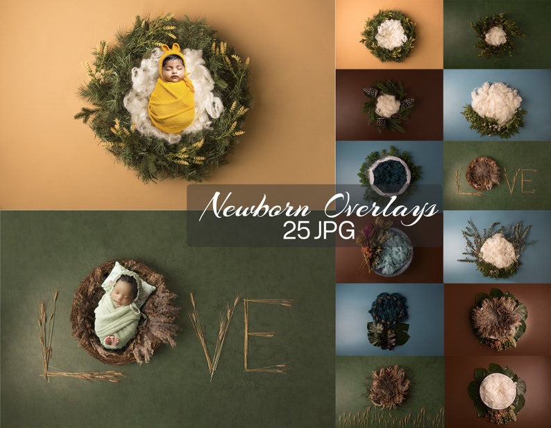May include: A set of 25 digital newborn photo overlays featuring various floral arrangements, wreaths, and the word "LOVE" in a rustic style. The overlays are perfect for adding a touch of whimsy and elegance to newborn photos.