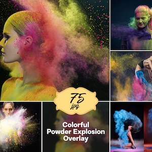 Könnte beinhalten: 75 farbige Puder-Explosion-Overlays für digitales Design. Die Overlays zeigen verschiedene Farben und Muster, darunter Pink, Blau, Gelb und Grün.