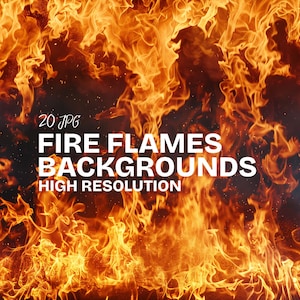 May include: A fiery image of orange and yellow flames engulfs the frame. The text "FIRE FLAMES BACKGROUNDS HIGH RESOLUTION" is displayed in white, along with "20 JPG". This image is suitable for digital backgrounds.