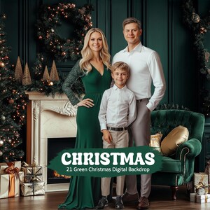May include: A family of three poses in front of a green Christmas backdrop. The backdrop features a fireplace, Christmas trees, and presents. The family is dressed in festive attire. The text "CHRISTMAS 21 Green Christmas Digital Backdrop" is displayed at the bottom of the image.