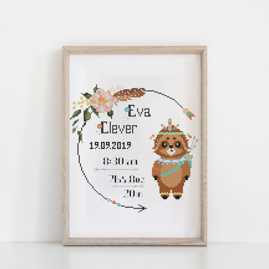 Tribal Sloth Birth Announcement Easy Cross Stitch PDF Etsy