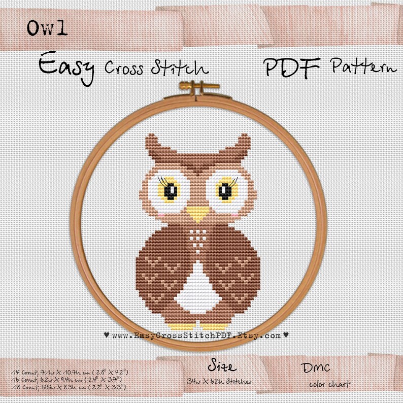 Owl Easy Cross Stitch PDF Pattern for beginners Woodland Etsy
