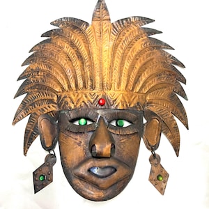 Vintage Aztec Copper Mask – Tribal Tinwork Folk Art from Mexico – 1970s Wall Decor with Patina